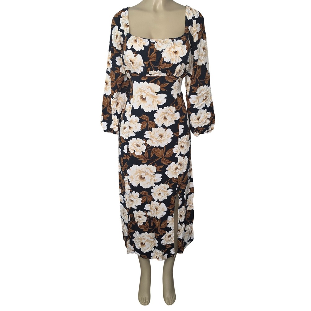 Old Navy Dress Womens XL Black Floral Midi Square Neck Long Sleeve Slit 3033